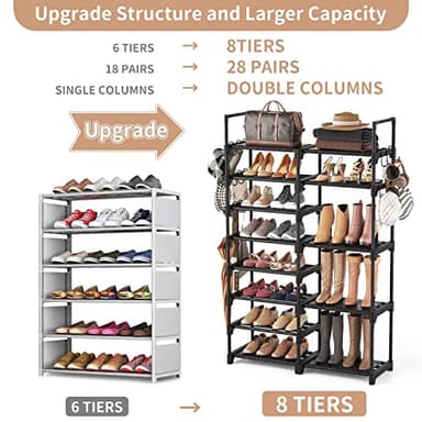 ROJASOP Shoe Rack Organizer, 8-Tier Metal Shoe Rack for Closet Entryway Garage, 26-32 Pairs Tall Shoe Boot Storage Shelf with 15 Hooks, Stackable Large Shoe Stand - Image 4