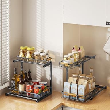 Delamu 2 Pack Under Sink Organizer and Storage, 2 Tier Pull Out Cabinet Organizer, Slide Out Under Sink Storage Shelf, Undersink Organizers Shelves for Kitchen Bathroom Pantry Organization - Image 4