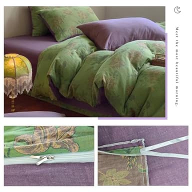 VM VOUGEMARKET Linen Cotton Jacquard Duvet Cover Queen,3 Pcs Yarn-Dyed Textured Duvet Cover Set Green Purple Floral Bedding Breathable, Natural Wrinkled Look-No Comforter - Image 5
