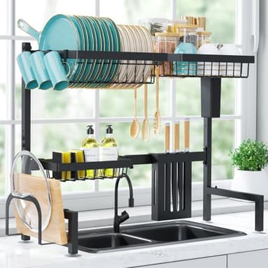 Sakugi Over The Sink Dish Drying Rack - Adjustable 2 Tier Large Capacity Stainless Steel Drainer with Cutlery & Utensil Holders, Kitchen Storage & Organization, 30"-33.9" L x 11" W x 21.5" H, Black - Image 9