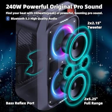 Foxdawn Portable Bluetooth Speaker: 240W Peak Powerful Loud Sound Deep Bass Wireless Boombox Large Subwoofer 15 Hours Battery Life Fast Charging with Led Light Show for Party Outdoor Camping Backyard - Image 2