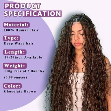 Afihond Human Braiding Hair For Boho Braids Deep Water Wave Human Bulk Hair for Braiding 12A Brazilian Virgin Human Hair Extensions for Boho Braids 3 Bundles/Pack 110g Chocolate Brown 18inch - Image 3