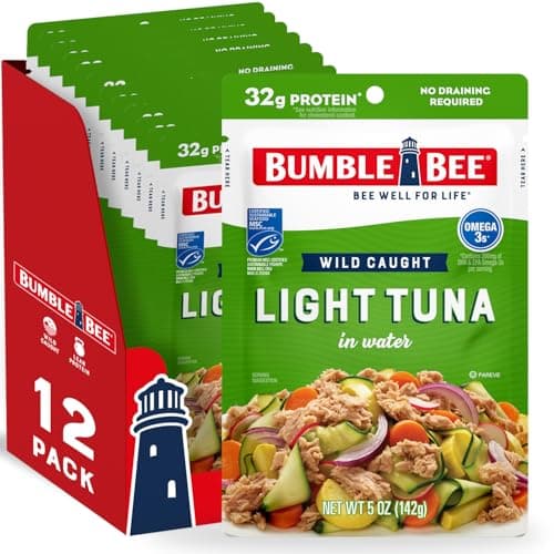 Bumble Bee Chunk Light Tuna in Water, 5 oz Pouches (Pack of 12) - Ready to Eat Wild Caught Skipjack Tuna Packet - 32g Protein per Pouch - MSC Sustainable Seafood, Non-GMO, Gluten Free, Kosher - Image 1