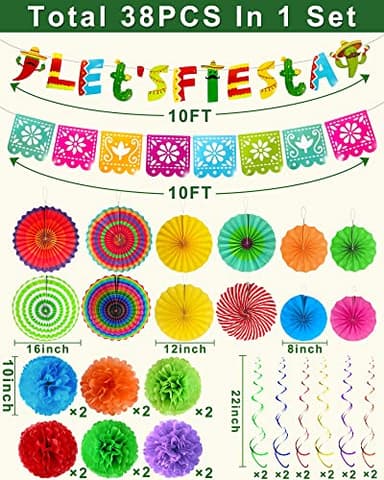 [ 5 Varieties ] 38 Pieces Cinco De Mayo Party Decorations, Fiesta Decorations Mexican Theme Party Supplies, Papel Picado Banner Paper Fans Pom Poms Hanging Swirls for Taco Tuesday Luau - Image 3