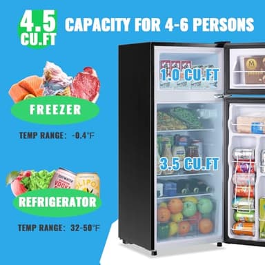 DEMULLER 4.5 Cubic Feet Double Door Fridge with Top Freezer Large Capacity Refrigerator with 7 Temperature Control & 3 Removable Shelves Black - Image 4