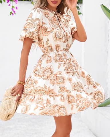 BTFBM Women Summer Floral Short Dresses V Neck Short Sleeve Tiered Ruffle Boho Swing Dress A-Line Mini Dresses(White Apricot Floral,Large) - Image 6