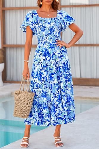 PRETTYGARDEN Women's Casual Summer Midi Dress Puffy Short Sleeve Square Neck Smocked Tiered Ruffle Dresses (Floral Blue,Medium) - Image 8