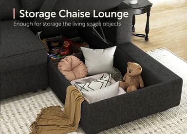 HONBAY Sectional Couch with Pull Out Bed, Sectional Sleeper Sofa with Storage, U Shape Couches for Living Room, Dark Grey - Image 4