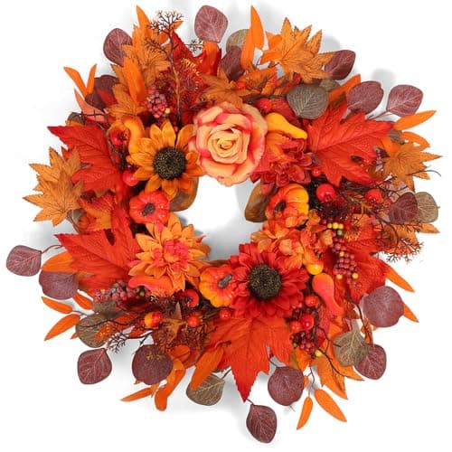 24" Fall Wreath for Front Door Outside - Sunflower, Pumpkin, Berry & Maple Leaves | Weatherproof Autumn Outdoor Wreaths with Hanger Hook for Thanksgiving, Harvest - Image 1