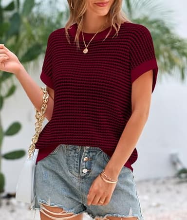 PRETTYGARDEN Womens Short Sleeve Sweater Spring Summer 2025 Round Neck Striped Pullover Cap Sleeve Knit Sweater Vest Tops(Wine Red,Small) - Image 4