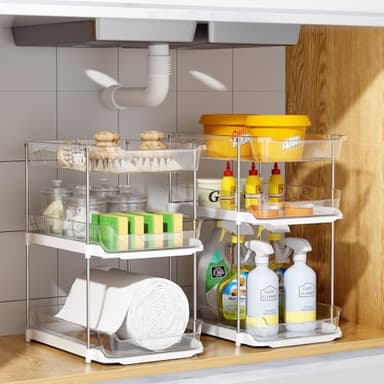 Delamu 2 Sets of 3-Tier Bathroom Under Sink Organizers and Storage, Multi-Purpose Stackable Pantry Organization and Storage, Pull Out Clear Kitchen Bathroom Cabinet Organizer with Movable Dividers - Image 9