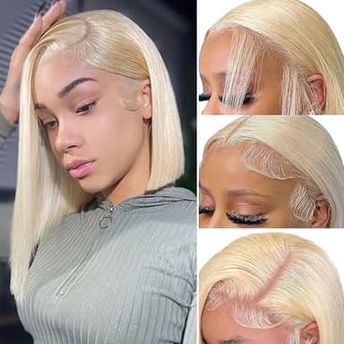 Blonde Bob Wig Human Hair 180% Density 613 Straight 12 Inch Short Bob Wigs 13x6 HD Transparent Lace Front Wigs Human Hair Pre Plucked With Baby Hair Glueless 613 Blonde Lace Frontal Wigs For Wome - Image 1
