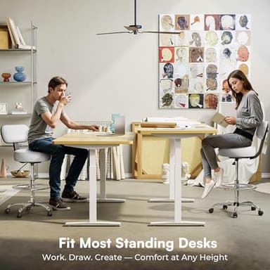 SUPERJARE Drafting Chair with Back, Adjustable Foot Rest Rolling Stool, Multi-Purpose Office Desk Chair, Thick Seat Cushion for Home Bar Kitchen Shop - White - Image 8