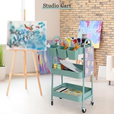 danpinera 3-Tier Rolling Cart, Metal Rolling Storage Cart with Lockable Wheels & Hanging Cups & Hooks, Mobile Trolley for Kitchen, Bathroom, Office, Workshop, Green - Image 4