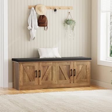HOMSHO 2-Tier Storage Bench, 47.2" Wide Shoe Bench with Padded Seat Cushion, Entryway Bench with 4 Barn Doors and Adjustable Shelf, Rustic Walnut - Image 8