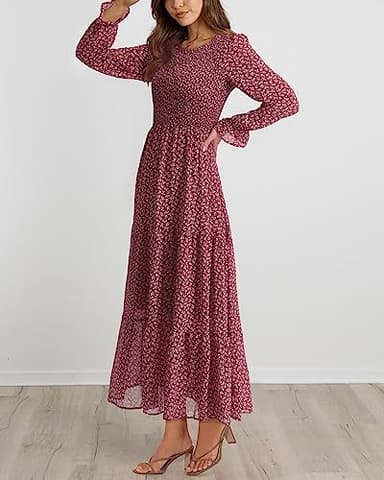 BTFBM Women Casual Long Sleeve Crew Neck Fall Dress Bohemian Relaxed Fit Floral Flowy Maxi Dresses Tiered Cocktail Dress(Floral Red White,Medium) - Image 3