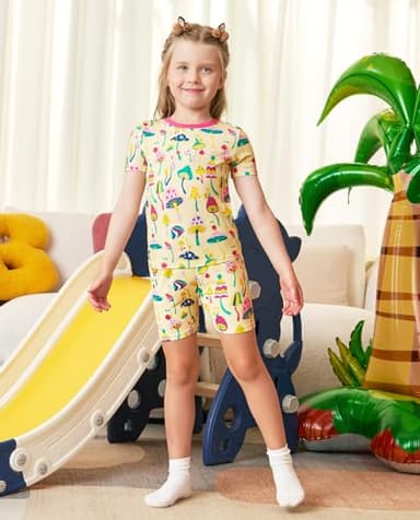 babee Reshinee Bamboo Viscose Toddler Girls Kids Short Sleeve Pajamas 3-4T Years Pink Mushroom Summer Cool Soft 2pcs Set Pjs Pyjamas Jammies - Image 2
