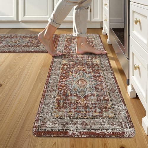 Sungea Vintage Red Kitchen Rugs Sets of 2, Anti Fatigue Kitchen Mats for Floor, Meomory Foam Kitchen Mat Non Slip Runner Carpet, Waterproof Standing Mat for Sink,Laundry,Office - Image 1