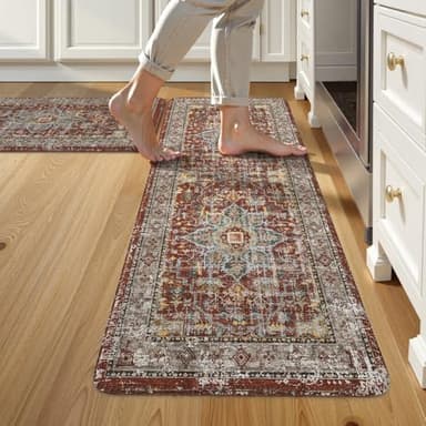 Sungea Vintage Red Kitchen Rugs Sets of 2, Anti Fatigue Kitchen Mats for Floor, Meomory Foam Kitchen Mat Non Slip Runner Carpet, Waterproof Standing Mat for Sink,Laundry,Office - Image 1