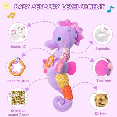 Fuzqq Baby Girl Toys 0-6 Months,Musical Stuffed Animal Plush Toy with Rattle,Soft Newborn Toy for 0 3 6 9 12 Months Girls,Baby Girl Gift,Purple - Image 2
