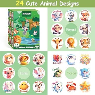 3 Rolls Animal Stickers for Kids, 1500 PCS Kids Stickers Bulk for Toddlers 2-4, 24 Designs Farm/Ocean/Wild Cute Sticker with Motivational Words for Kid Reward, School Supplies (1.0 Inch - Image 4