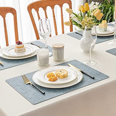 Romanstile Vinyl Placemats Set of 4-12 X 18 Inch - Heat Resistant Place Mats 100% Waterproof Oilproof Wipeable Reversible Faux Leather Table Mats for Kitchen/Dining/Party/Outdoor, Sky Blue - Image 2