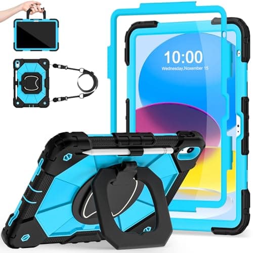 Auizotl Case for iPad (A16)11th /10th Generation 11/10.9 Inch 2025/2022 with Screen Protector Rotating Stand Shoulder Strap Pencil Holder,Military Grade Shockproof iPad Case 10th Generation,Black Blue - Image 1