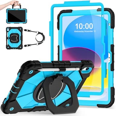 Auizotl Case for iPad (A16)11th /10th Generation 11/10.9 Inch 2025/2022 with Screen Protector Rotating Stand Shoulder Strap Pencil Holder,Military Grade Shockproof iPad Case 10th Generation,Black Blue - Image 1