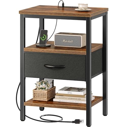 SUPERJARE Nightstand with Charging Station, Bed Side Table with Adjustable Fabric Drawer, Night Stand for Bedroom, 3-Tier Storage End Table, for Living Room, Rustic Brown and Black - Image 1