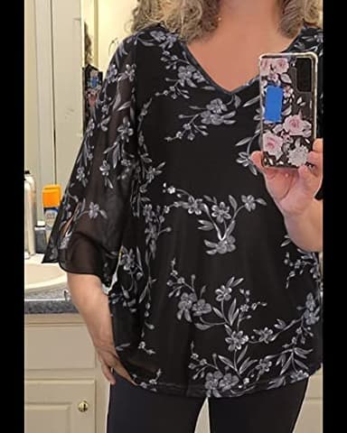 Bebonnie Womens Ruffle 3/4 Sleeve V Neck Double Layers Mesh Blouses Loose Fit Flowy Tunic Tops Multi Black XXXXL - Image 3