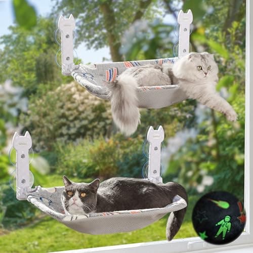 HiPetpy 2 Pack Cat Window Perch, Glow in The Dark Foldable Cat Hammock with Sunken Design & Removable Soft Cover, Breathable Cordless Window Bed for Resting Indoor Kitten (Shallow Perch, 2 Pack - M) - Image 1