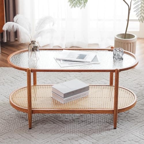 VINGLI 38" Rattan Oval Coffee Table, Water-Wave Glass Metal Center Table, Modern Coffee Table with 2-Tier Storage, Farmhouse Coffee Table for Living Room and Small Space, Natural Vibe - Image 1