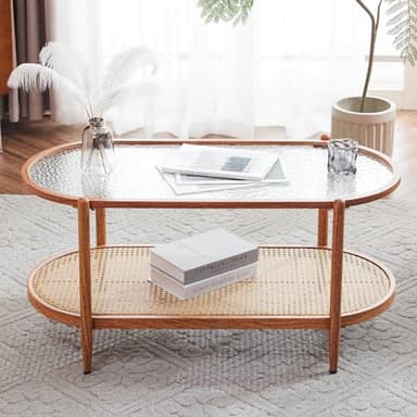 VINGLI 38" Rattan Oval Coffee Table, Water-Wave Glass Metal Center Table, Modern Coffee Table with 2-Tier Storage, Farmhouse Coffee Table for Living Room and Small Space, Natural Vibe - Image 1