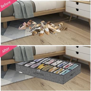 Friday Monkey Large Sturdy Thicken Shoe Storage Box, Clear Shoe Organizer for Closet Underbed, Folding Shoe Rack Sneaker Bin Holder Container Display Case, 16x2 Pairs, Linen-like Black, ZMXAUBS16P2 - Image 3
