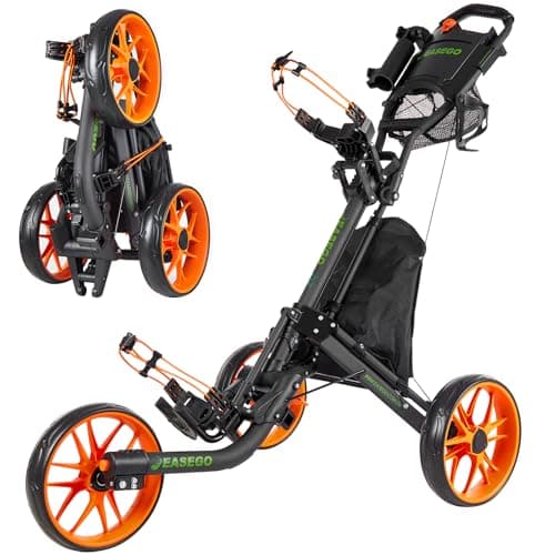 EASEGO Golf Push Cart 3 Wheel : Golf Bag Cart Foldable with Phone/Cup/Umbrella Holder Compact Golf Pull Carts Quick Fold Golf Caddy Push Carts with Large Wheelbase for Different Terrain (orange color) - Image 1
