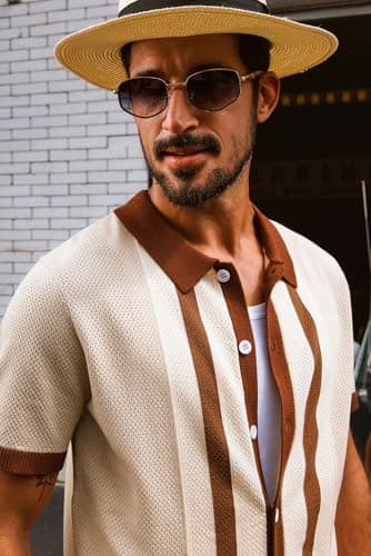 PJ PAUL JONES Mens Retro Polo Shirt Short Sleeve Button Up Knitted Italian Vintage 70s Shirts for Men Spring Summer Apricot M - Image 2