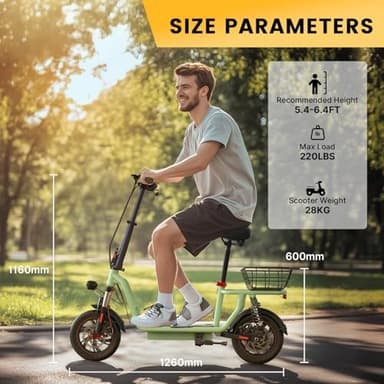 iScooter Electric Scooter with Seat, 21 Miles Long Range & 15.6 Mph Top Speed, 12" Pneumatic Tire, Height Adjustable Seat & Handlebar, Dual Suspensions Commuting Scooter with Basket (Green) - Image 4