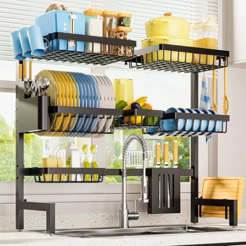 Sakugi Dish Drying Rack - Over The Sink Dish Drainer Drying Rack with Utensil & Knife Holder, Hooks, Stainless Steel Kitchen Organizers and Storage Solution, 11.8" D x 31.5"~39.0''W x 30" H, Black - Image 1