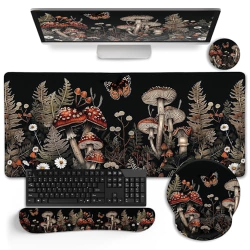 LIMKRIAN Mushroom Mouse Pad Set Large Desk Matt for Desktop, Ergonomic Mouse Pad with Wrist Rest, Gaming Mouse Pad Wrist Support Keyboard Mat Cup Coaster Set Office Desk Decor Accessories - Image 1