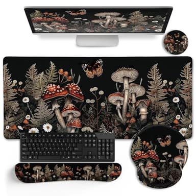 LIMKRIAN Mushroom Mouse Pad Set Large Desk Matt for Desktop, Ergonomic Mouse Pad with Wrist Rest, Gaming Mouse Pad Wrist Support Keyboard Mat Cup Coaster Set Office Desk Decor Accessories - Image 1