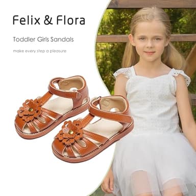Felix & Flora Toddler Girls Brown Close Toes Sandals Size 7- Soft Rubber Princess Flat Shoes Summer Flower Girl Shoes - Image 2