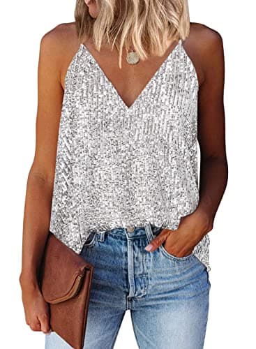miduo Women's Tank Tops Summer Ladies Fashion Sequin V Neck Strappy Tanks Tops Cami Shirts Sleeveless Tops Blouses for Women Silver S - Image 1