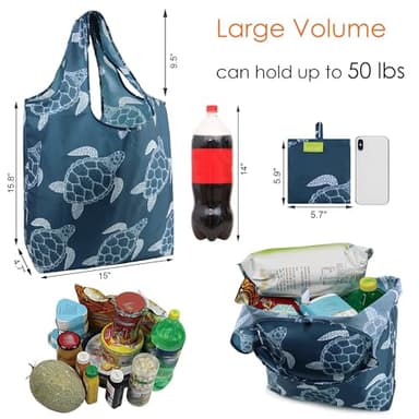 BeeGreen Sea Turtle Reusable Grocery Bags Large Tote Bag With Handles, Bulk Gift Foldable Shopping Bags for Women 6 Pack, Cute Cloth Bag, Heavy Duty, Washable For Beach, Holiday, Travel And Groceries​ - Image 2