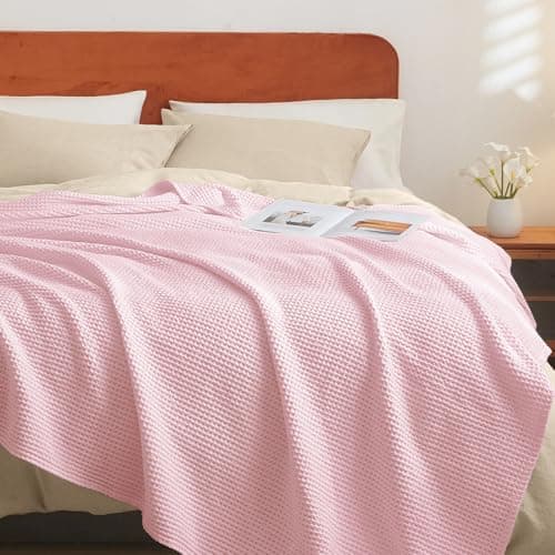 PHF Pre-Washed Cotton Waffle Weave Blanket King Size for Bed,Snag Proof Throw Blanket for Couch Spring Summer Lightweight Breathable,Oeko-TEX Certified,Machine Washable, Home Decor Gift，Pink - Image 1