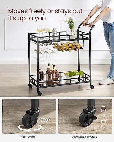 VASAGLE Bar Cart Black, Home Bar Serving Cart, Wine Cart with 2 Mirrored Shelves, Wine Holders, Glass Holders, for Kitchen, Dining Room, Black ULRC090B62 - Image 8