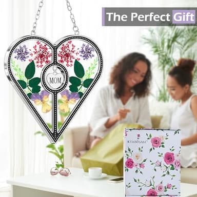 KY&BOSAM Heart Suncatcher Mom Stained Glass for Windows Hangings Wind Chimes with Pressed Flower Heart in Glass with Metal Trim Heart Charm Birthday Gifts for Women Mother`s Day Christams Home Decor - Image 2