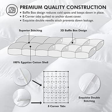Luxurious Queen Size Goose Down Fiber Waterfowl Feather Fiber Comforter Duvet, 100% Egyptian Cotton Cover, 48 oz. Fill Weight, Baffle Box Design, White Solid - Image 3