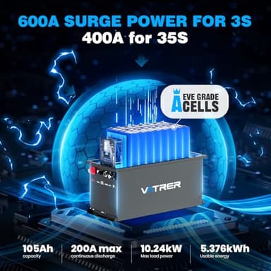 VATRER POWER 48V 105Ah Narrow Lithium Golf Cart Battery, Built-in Smart 200A BMS, with Touch Monitor & APP, 4000+ Cycles LiFePO4 Battery, Max 10.24kW Power Output, 2C Discharge, Perfect for Golf Carts - Image 3