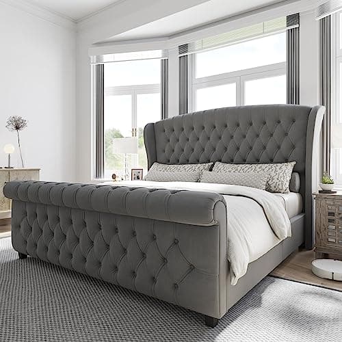AMERLIFE Queen Size Platform Bed Frame, Velvet Upholstered Sleigh Bed with Scroll Wingback Headboard & Footboard/Button Tufted/No Box Spring Required/Grey - Image 1