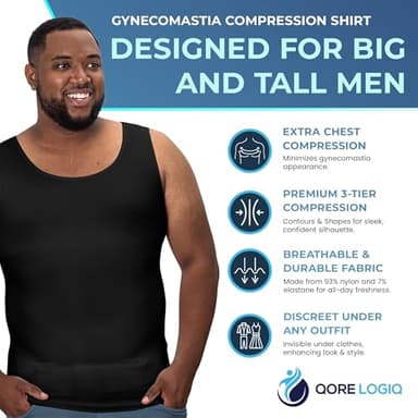 QORE LOGIQ Gynecomastia Compression Shirts for Men - Sleeveless Slimming Undershirts Tummy Control and Body Shaper Tank Top Black XLT (Tall Fit) - Image 3